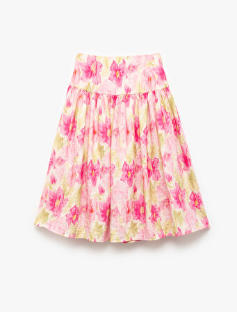 Viskon Karışımlı Yüksek Bel Çiçekli Midi Etek