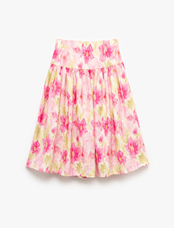 Viskon Karışımlı Yüksek Bel Çiçekli Midi Etek