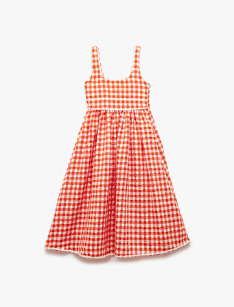 Viskon Karışımlı Yuvarlak Yaka Ekoseli Askılı Elbise