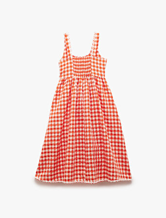 Viskon Karışımlı Yuvarlak Yaka Ekoseli Askılı Elbise