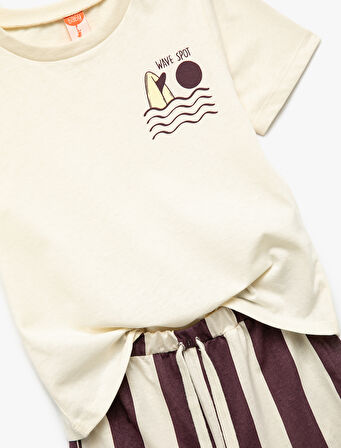 Baskılı Kısa Kollu Bisiklet Yaka Pamuklu Tişört ve Şort Seti