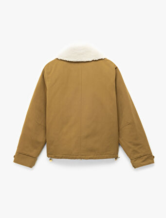 Uzun Kollu Fermuarlı Cep Detaylı Peluş Yaka  Ceket