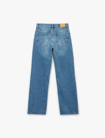 Yüksek Bel Cepli Düğmeli Düz Paça Jean Pantolon - Straight Fit Jean