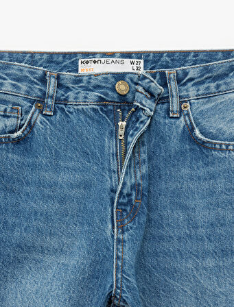 Yüksek Bel Cepli Düğmeli Düz Paça Jean Pantolon - Straight Fit Jean