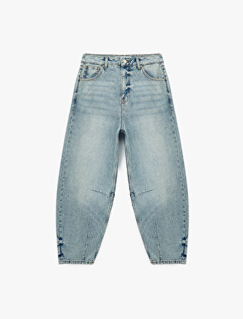 Pamuklu Rahat Kalıp Düğmeli Cepli Balon Jean Pantolon - Balloon Fit Jeans