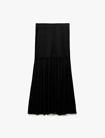 Slim Fit Standart Bel Transparan Tül Detaylı Uzun Etek
