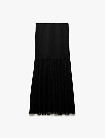 Slim Fit Standart Bel Transparan Tül Detaylı Uzun Etek