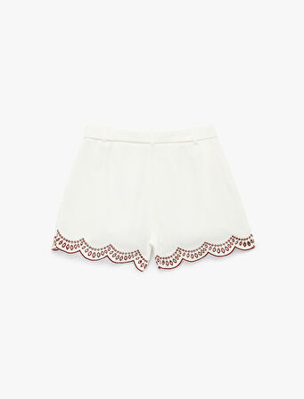 Koton X Melis Ağazat - Keten Karışımlı Kemerli Brodeli Mini Şort