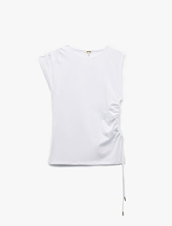 Pamuklu Slim Fit Asimetrik Büzgülü Bağlama Detaylı Kolsuz Bisiklet Yaka Tişört