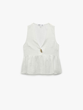 Koton X Melis Ağazat - Deniz Kabuğu Aksesuar Detaylı V Yaka Kolsuz Peplum Bluz