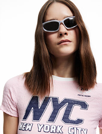 Bürümcük Simli Baskılı Kısa Kollu Bisiklet Yaka Slim Fit Tişört