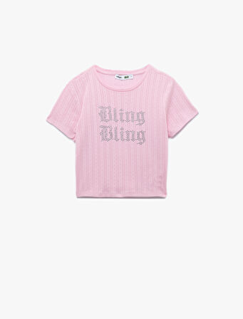 Taş Detaylı Bisiklet Yaka Dar Kesim Pamuklu Kısa Kollu Baskılı Tişört