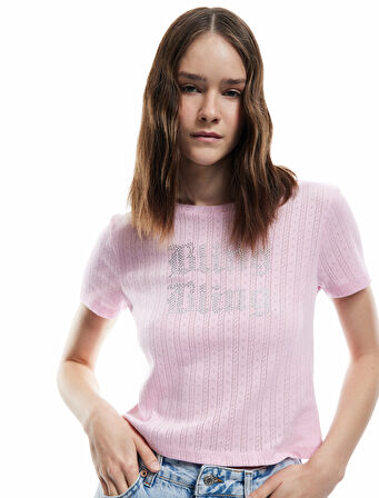 Taş Detaylı Bisiklet Yaka Dar Kesim Pamuklu Kısa Kollu Baskılı Tişört