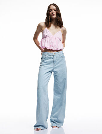 Volanlı V Yaka Pamuklu Slim Fit Askılı Poplin Crop Bluz