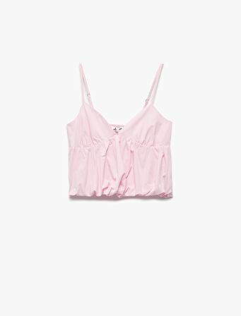 Volanlı V Yaka Pamuklu Slim Fit Askılı Poplin Crop Bluz