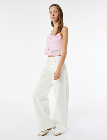 Pamuklu Kolsuz Fırfırlı Yaka Düğmeli Brodeli Crop Bluz