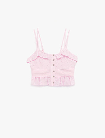 Pamuklu Kolsuz Fırfırlı Yaka Düğmeli Brodeli Crop Bluz