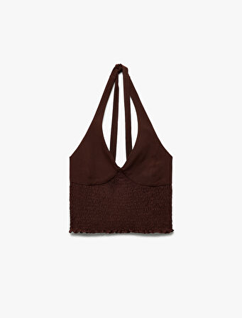 Viskon Halter Yaka Boyundan Bağlamalı Kolsuz Gipeli Crop Bluz