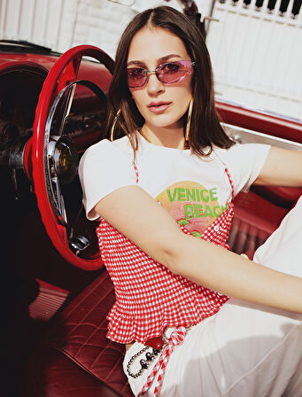 Gipeli Düğmeli Fırfırlı Dar Kesim Pötikareli İp Askılı Crop Bluz