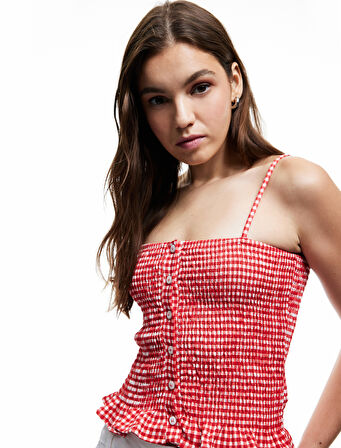 Gipeli Düğmeli Fırfırlı Dar Kesim Pötikareli İp Askılı Crop Bluz