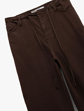 Beli Bağcıklı Pamuklu Düz Paça Cepli Pantolon - Loose Straight Fit Jeans