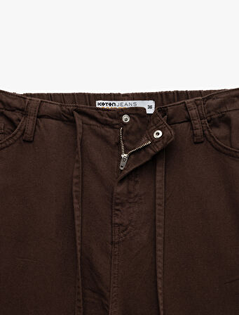 Beli Bağcıklı Pamuklu Düz Paça Cepli Pantolon - Loose Straight Fit Jeans