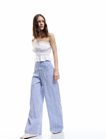 Beli Gipeli Rahat Kalıp Geniş Paça Çizgili Pantolon