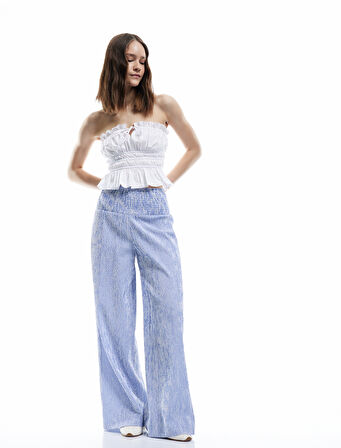 Beli Gipeli Rahat Kalıp Geniş Paça Çizgili Pantolon