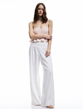 Beli Gipeli Rahat Kalıp Keten Karışımlı Geniş Paça Pantolon