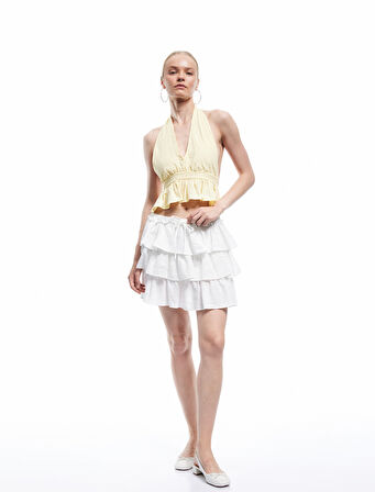 Beli Bağcıklı Katlı Viskon Karışımlı Volanlı Fisto Mini Etek