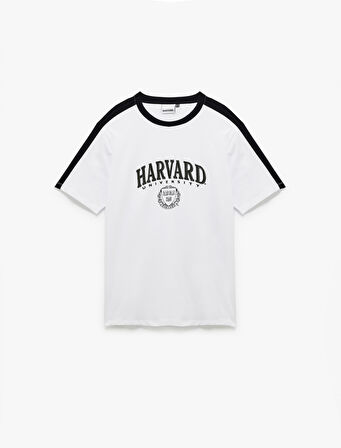 Kısa Kollu Pamuklu Regular Fit Şerit Detaylı Bisiklet Yaka Baskılı Lisanslı Harvard Tişört