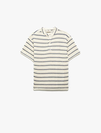Düğmeli Yuvarlak Yaka Kısa Kollu Triko Çizgili Tişört
