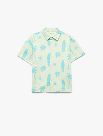 Pamuklu Baskılı Düğme Detaylı Cepli Kısa Kollu Gömlek 