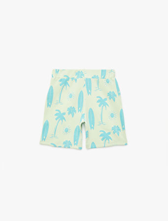 Pamuklu Sörf Temalı Palmiye Baskılı Normal Bel Bermuda Şort