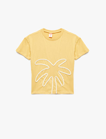Palmiye Baskılı Bisiklet Yaka Kısa Kollu Pamuklu Tişört