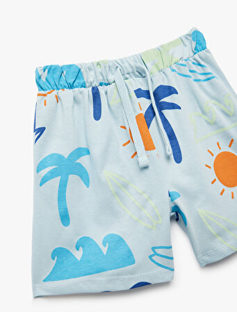 Pamuklu Cep Detaylı Beli Bağcıklı Baskılı Şort