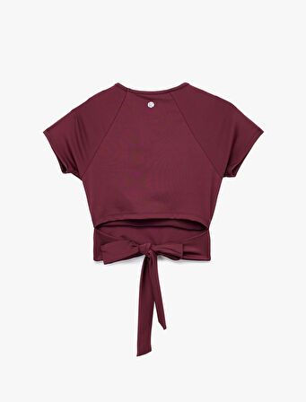 Slim Fit Kısa Kollu Bağlama Detaylı Crop Spor Tişört