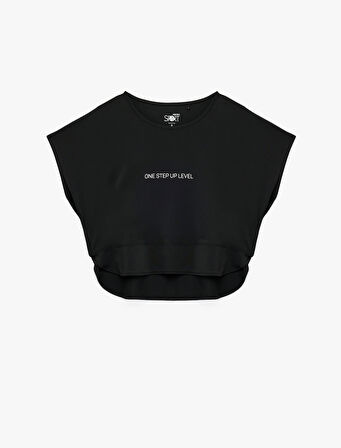 Kısa Kollu Bisiklet Yaka Baskılı Rahat Kalıp Crop Spor Tişört