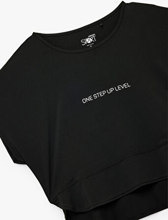 Kısa Kollu Bisiklet Yaka Baskılı Rahat Kalıp Crop Spor Tişört