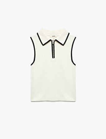 Renk Kontrastlı Kolsuz Fermuar Detaylı Polo Yaka Triko Bluz