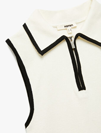 Renk Kontrastlı Kolsuz Fermuar Detaylı Polo Yaka Triko Bluz