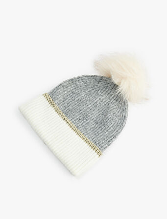 Pon Pon Detaylı Katlı Renk Bloklu Örgü Bere