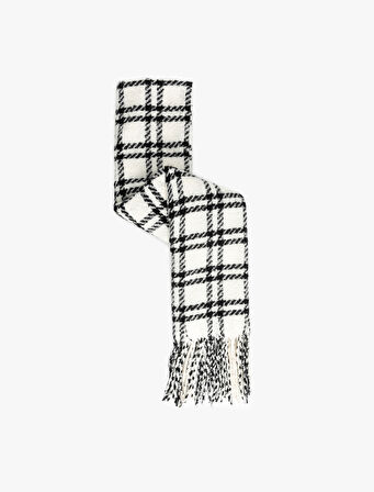 Kareli Püsküllü Yumuşak Dokulu Uzun Atkı