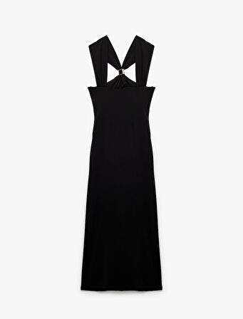 Metal Aksesuarlı Kare Yaka Kolsuz Uzun Abiye Elbise