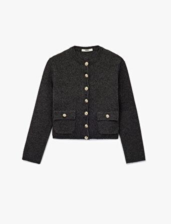 Cepli Gold Düğme Detaylı Uzun Kollu Bisiklet Yaka Triko Hırka