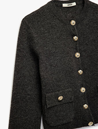 Cepli Gold Düğme Detaylı Uzun Kollu Bisiklet Yaka Triko Hırka