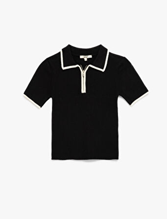 Regular Fit Kısa Kollu Polo Yaka Yarım Fermuarlı Triko Kazak