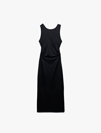 Slim Fit Kolsuz Bisiklet Yaka Drapeli Sırt Detaylı Midi Elbise