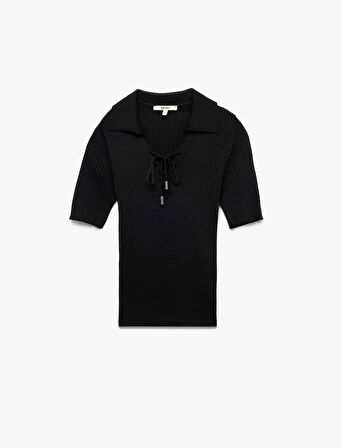 Önden Bağlama Detaylı Kısa Kollu Polo Yaka Triko Kazak