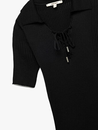 Önden Bağlama Detaylı Kısa Kollu Polo Yaka Triko Kazak